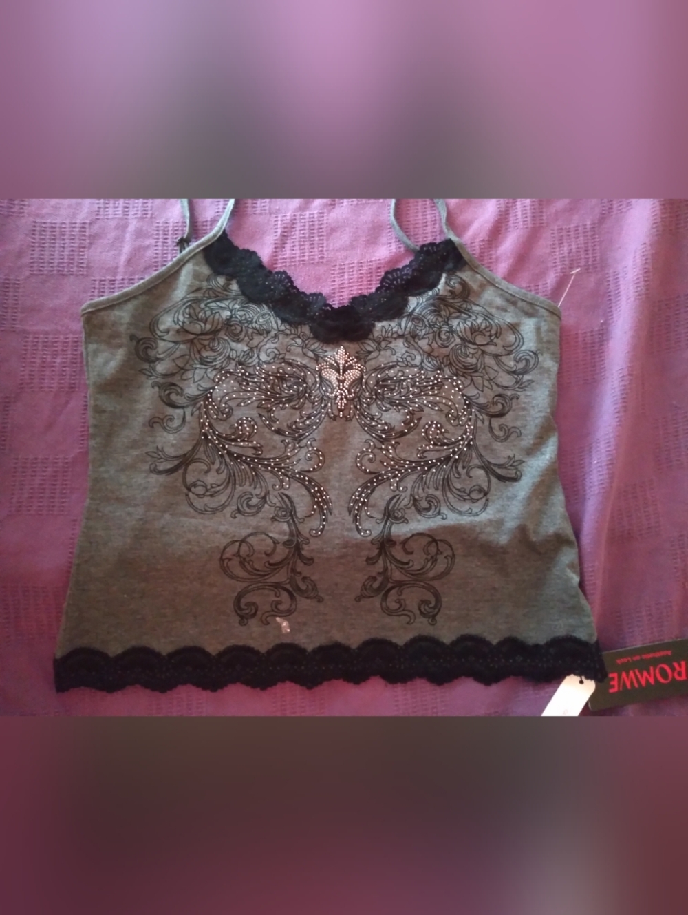 ROMWE Gray Cami with Black Lace Trim and Rhinestone Scroll Design